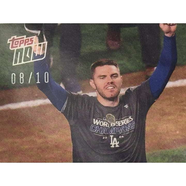 8/10 Freddie Freeman 2024 Topps Now World Series Gold Confetti Dodgers collectible card with memorabilia piece