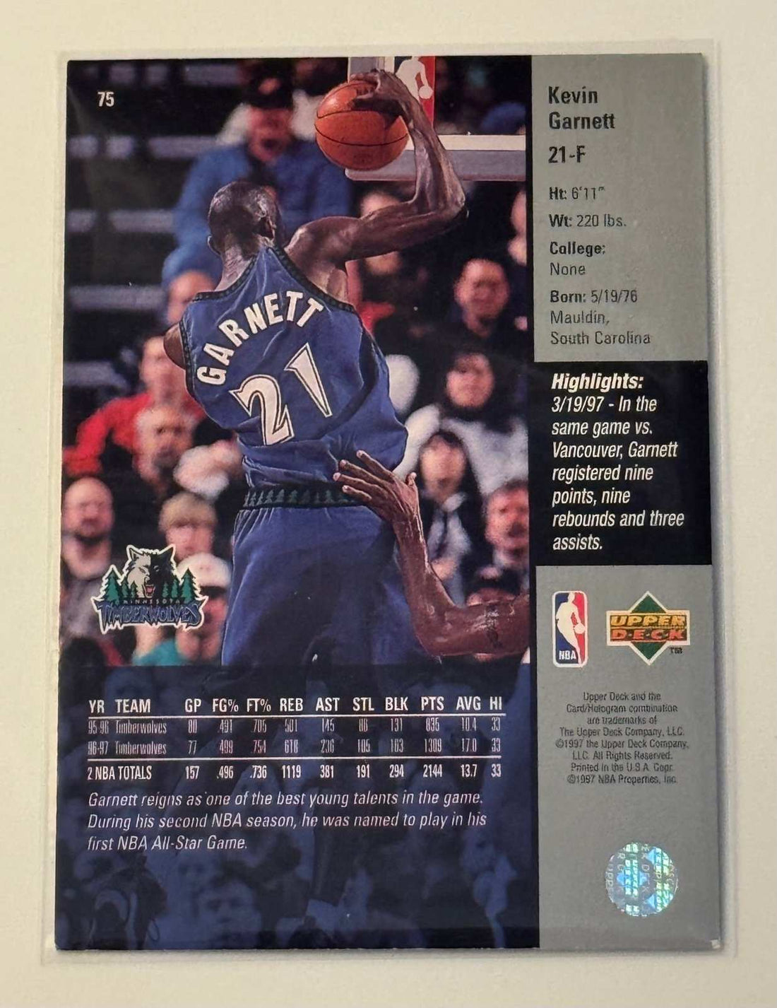 Kevin Garnett - 1997 Upper Deck Kevin Garnett - 1997 Upper Deck Game Dated - NBA Timberwolves - Dunk Card 75