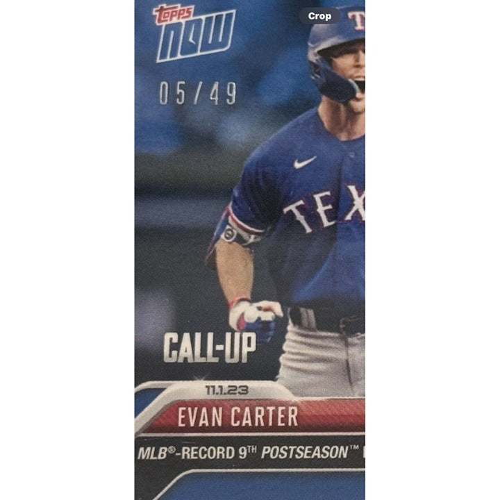 5/49 Evan Carter 2023 MLB Topps NOW World Series relic card in holder