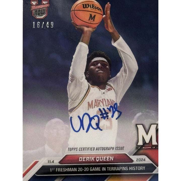 2024-25 Bowman U NOW Derik Queen rookie basketball card with blue autograph limited to 49 serial number 16/49
