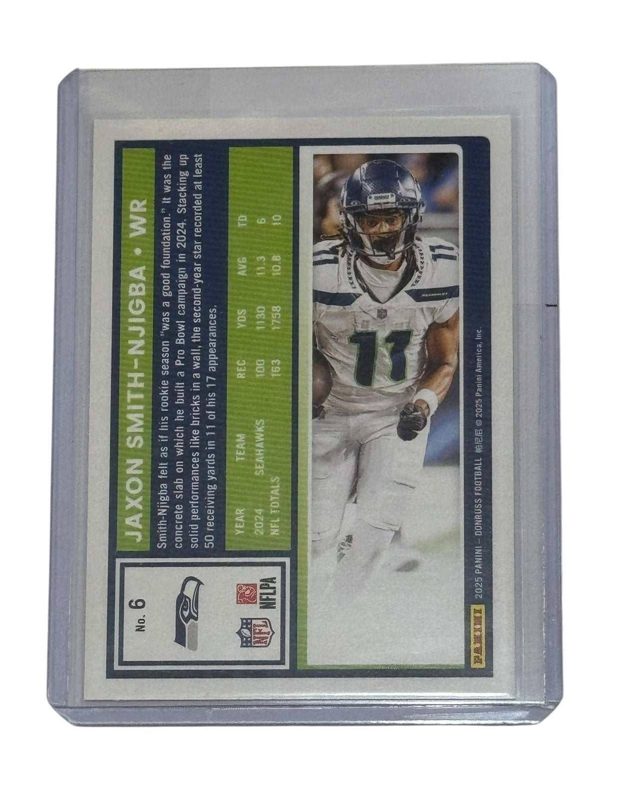 Jaxon Smith-Njigba 2024 Donruss Press Proof Seahawks NFL card in protective top loader sleeve