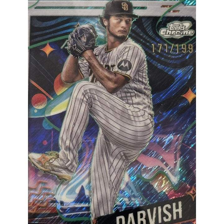 2024 Topps Chrome Cosmic Yu Darvish Purple Nebula Refractor Padres baseball card serial numbered 171/199