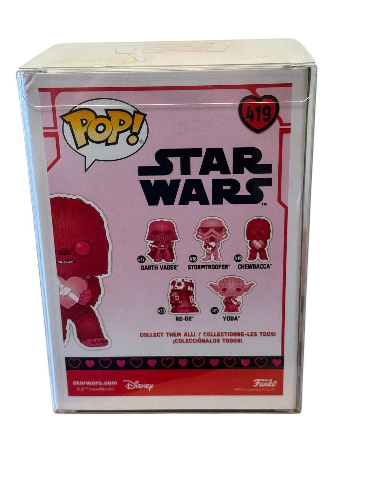 Chewbacca Valentine Funko Pop #419 Star Wars bobble-head collectible in mint condition with heart and display-ready packaging