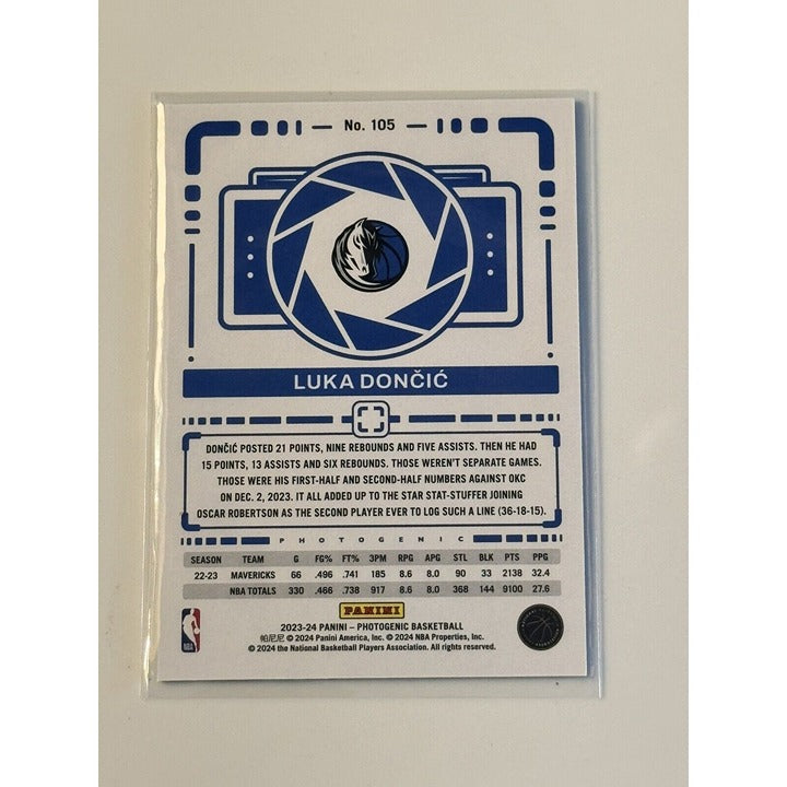 Luka Doncic 2023-24 Panini PhotoGenic NBA Dallas Mavericks basketball card back view with player stats and card number 105