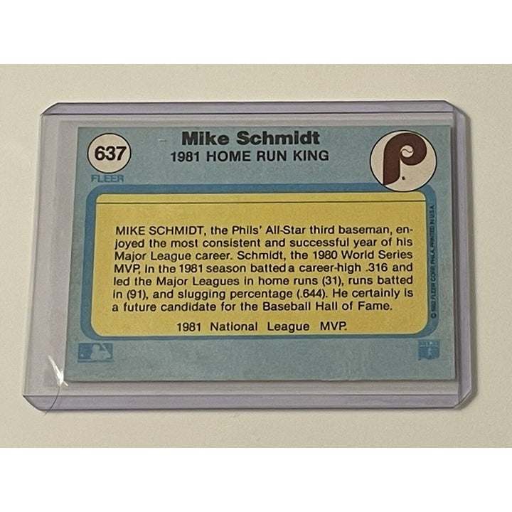 1982 Fleer baseball card of Mike Schmidt 1981 Home Run King Philadelphia Phillies in protective case