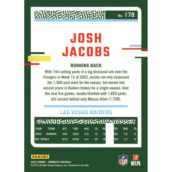 Josh Jacobs 2023 Donruss Clear Series Las Vegas Raiders football card back view