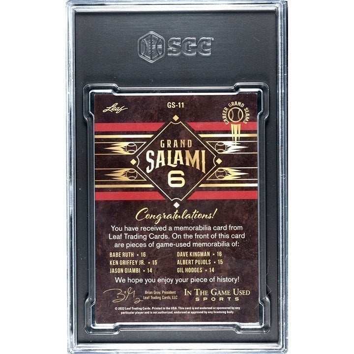 BABE RUTH Griffey Jr 2022 Leaf In Game Used Grand Salami 6 #GS11 limited edition baseball card in SGC 7 condition with game-used memorabilia