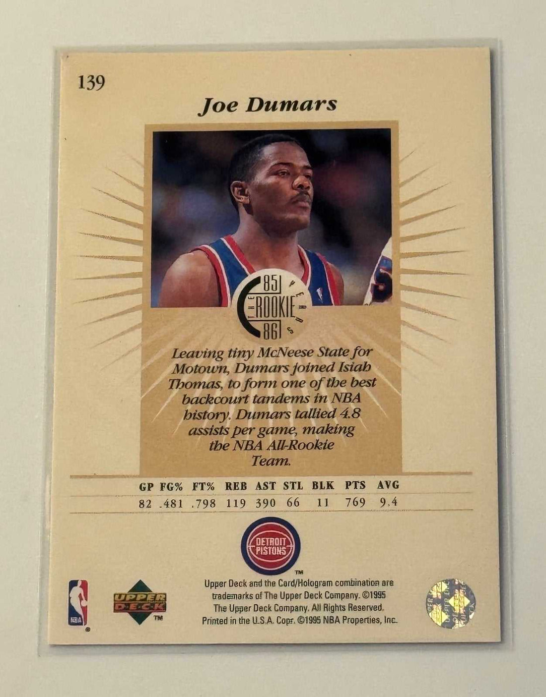Joe Dumars 1995 Upper Deck Rookie Years NBA Detroit Pistons basketball card with gold foil design
