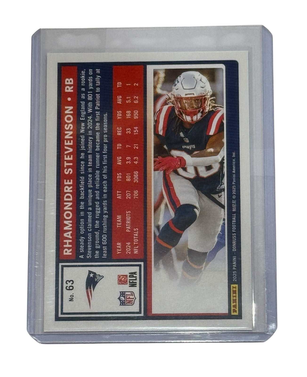 Rhamondre Stevenson 2025 Donruss NFL Patriots mint running back card in protective case