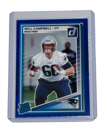 Will Campbell RC 2025 Panini Donruss Press Proof Blue NFL Patriots rookie card #345