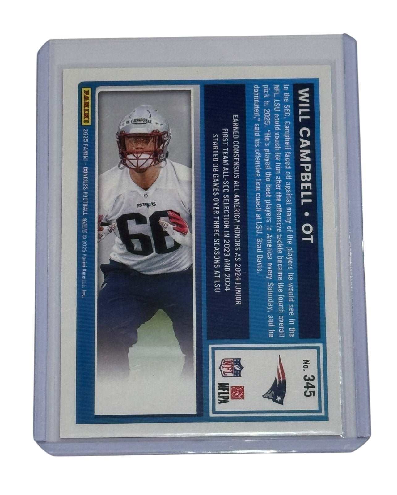 Will Campbell RC 2025 Panini Donruss Press Proof Blue Patriots football card #345 in protective case