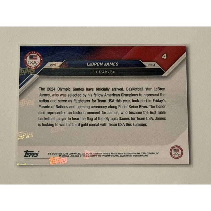 LeBron James 2024 Topps Now Olympic USA Basketball Team trading card in protective sleeve