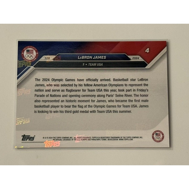 LeBron James 2024 Topps Now Olympic USA Basketball Team trading card number 4 in protective sleeve and top loader