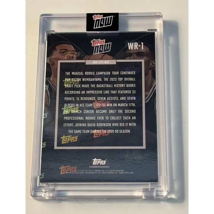 Victor Wembanyama and David Robinson 2023-24 Topps Now NBA Spurs rookie basketball card in protective case