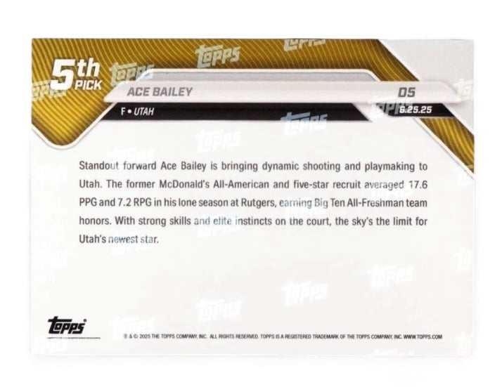 Ace Bailey 2025 Topps Now NBA Utah Jazz Rookie Card 5th Overall Draft Pick
