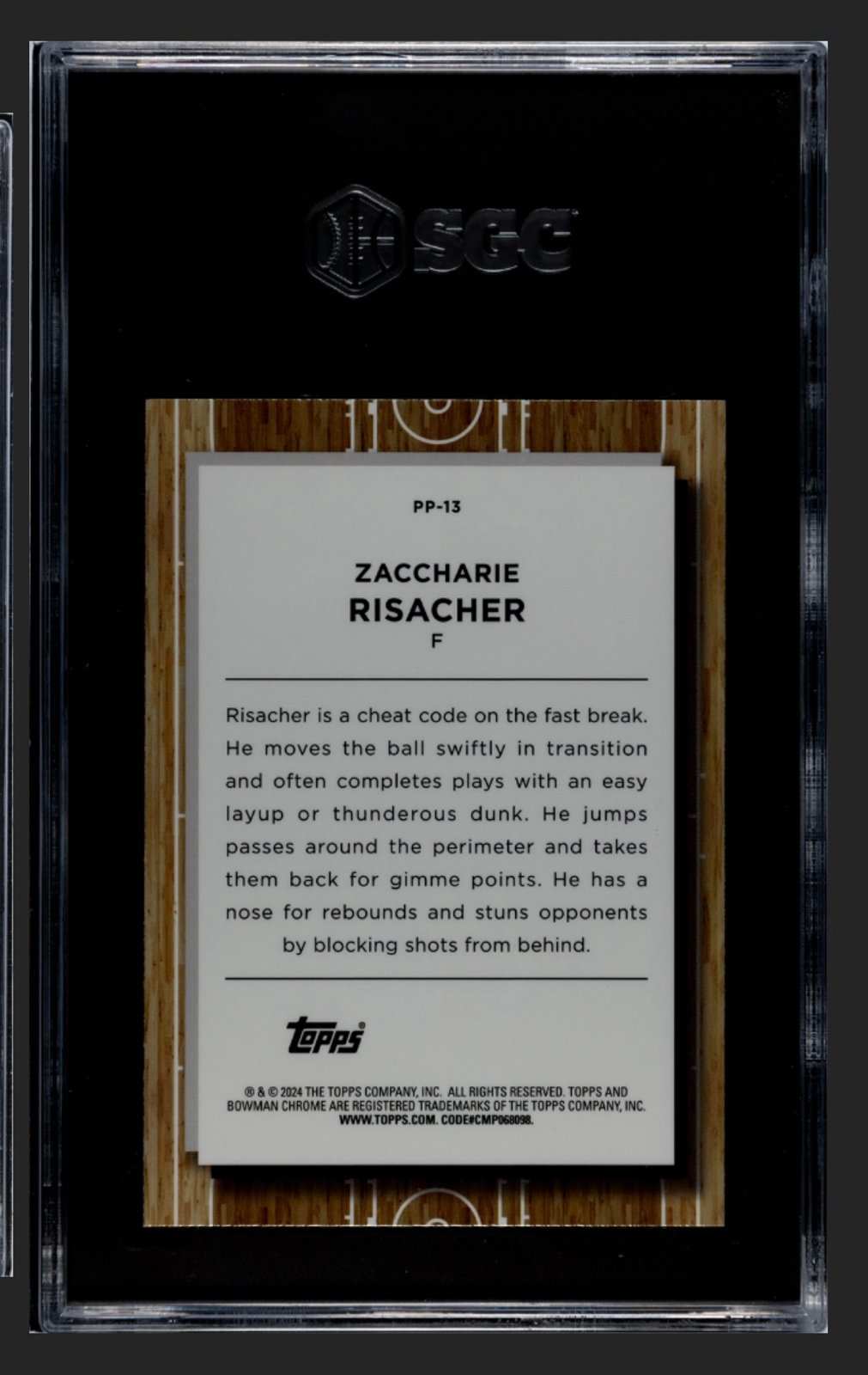 2023 Bowman U Chrome Zaccharie Risacher RC #PP13 NBA Prodigal Card graded 9.5 by SGC with basketball play strategy background