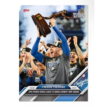 Topps Now 2024 card of Freddie Freeman celebrating MVP award in Dodgers World Series victory