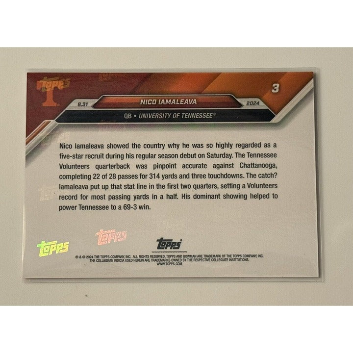 Nico Iamaleava RC 2024 Bowman U Now Tennessee Volunteers football card back view