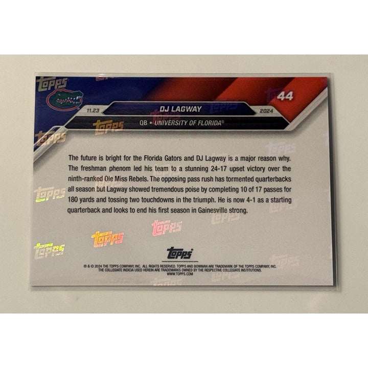2024 DJ Lagway rookie card featuring Florida Gators upset victory with quarterback in action, card number 44