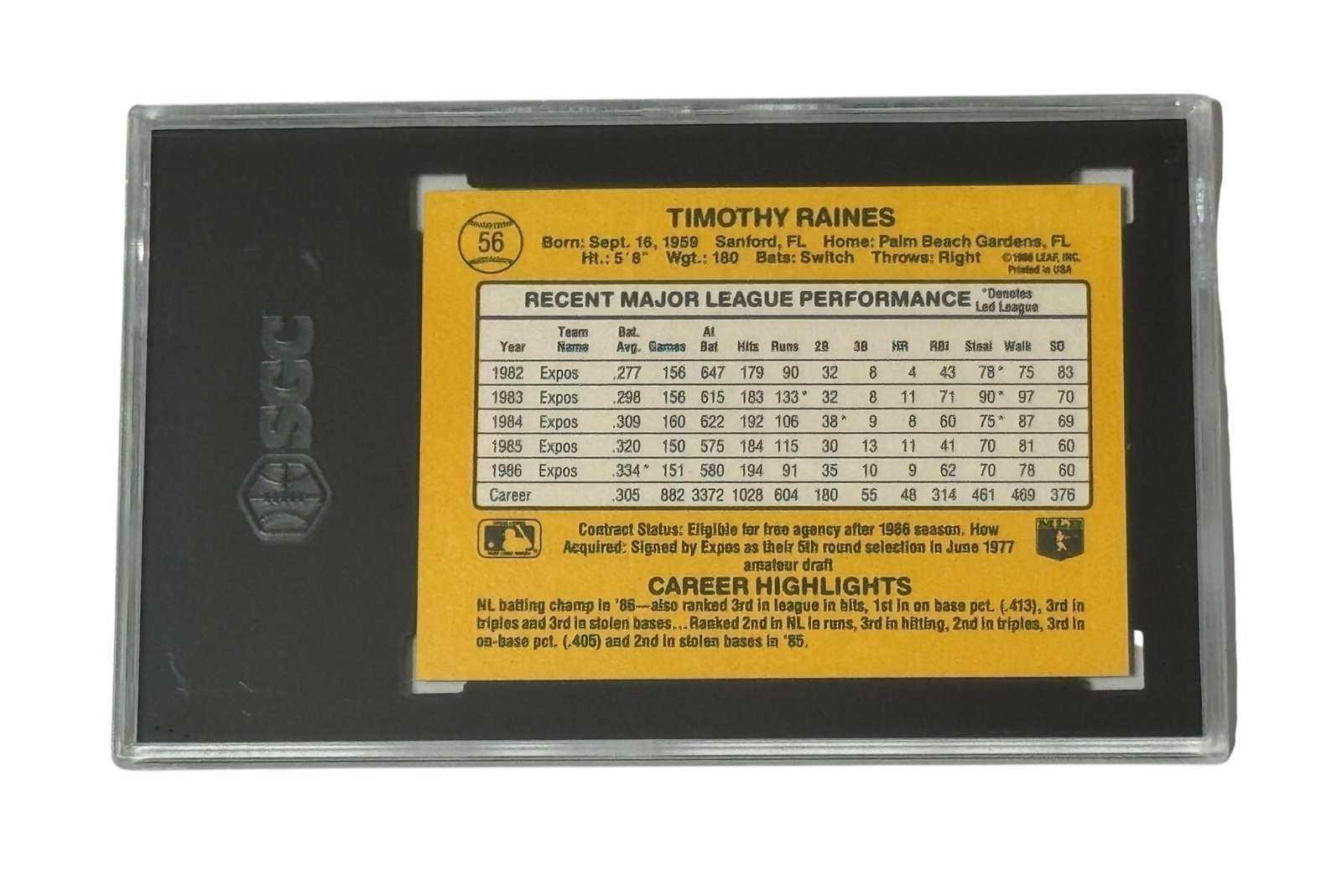 Tim Raines 1987 Donruss #56 SGC 8 graded baseball card Montreal Expos HOF