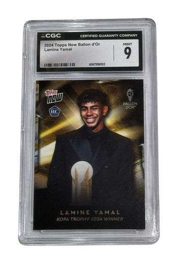 Lamine Yamal RC 2024 Topps Now Ballon d’Or Rookie CGC 9 graded card with Kopa Trophy and Barcelona crest