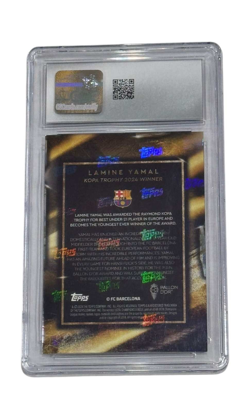 Lamine Yamal RC 2024 Topps Now Ballon d’Or Rookie CGC 9 graded card with Kopa Trophy and Barcelona crest