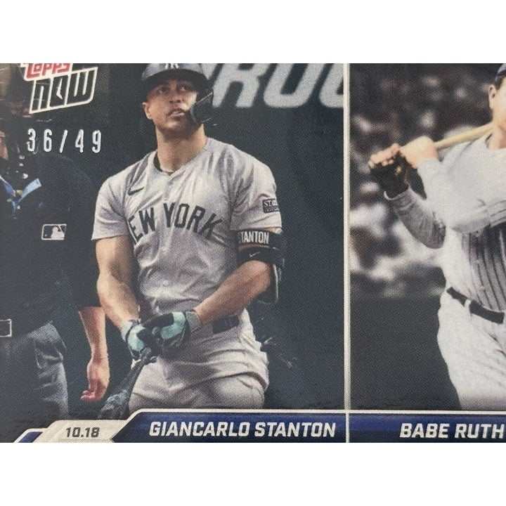 36/49 Topps Now baseball card featuring Giancarlo Stanton and Babe Ruth, limited edition 2024 Yankees collectible
