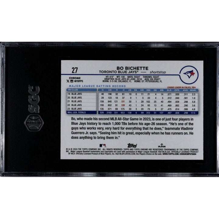 2024 Topps Chrome Bo Bichette Aqua Refractor baseball card graded SGC 10 for Toronto Blue Jays numbered 92/199
