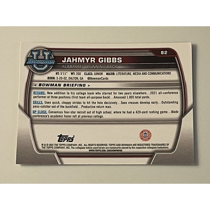 Jahmyr Gibbs RC 2022 1st Bowman Chrome University Card #82 Alabama Crimson Tide football card back view
