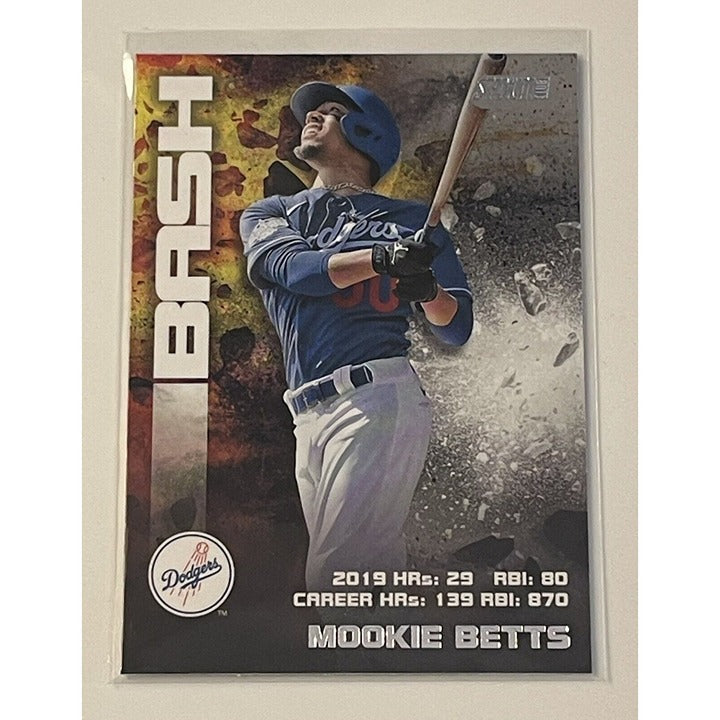 Mookie Betts 2020 Topps Stadium Club Bash & Burn baseball card featuring Dodgers player in blue uniform with career stats.