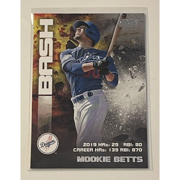 Mookie Betts 2020 Topps Stadium Club Bash & Burn baseball card featuring Dodgers player in blue uniform with career stats.