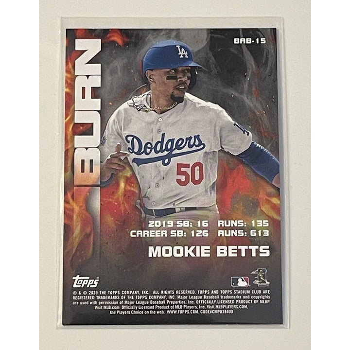 Mookie Betts 2020 Topps Stadium Club Bash & Burn baseball card #BAB-15 featuring Dodgers uniform and career stats.