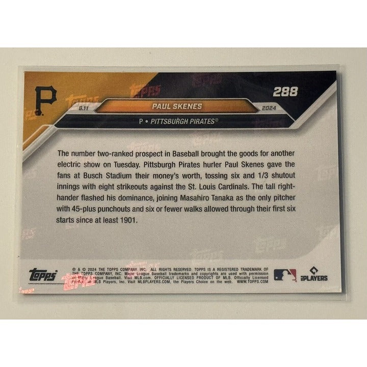 Paul Skenes RC 2024 Topps Now rookie card 288 Pittsburgh Pirates 45-plus punchouts