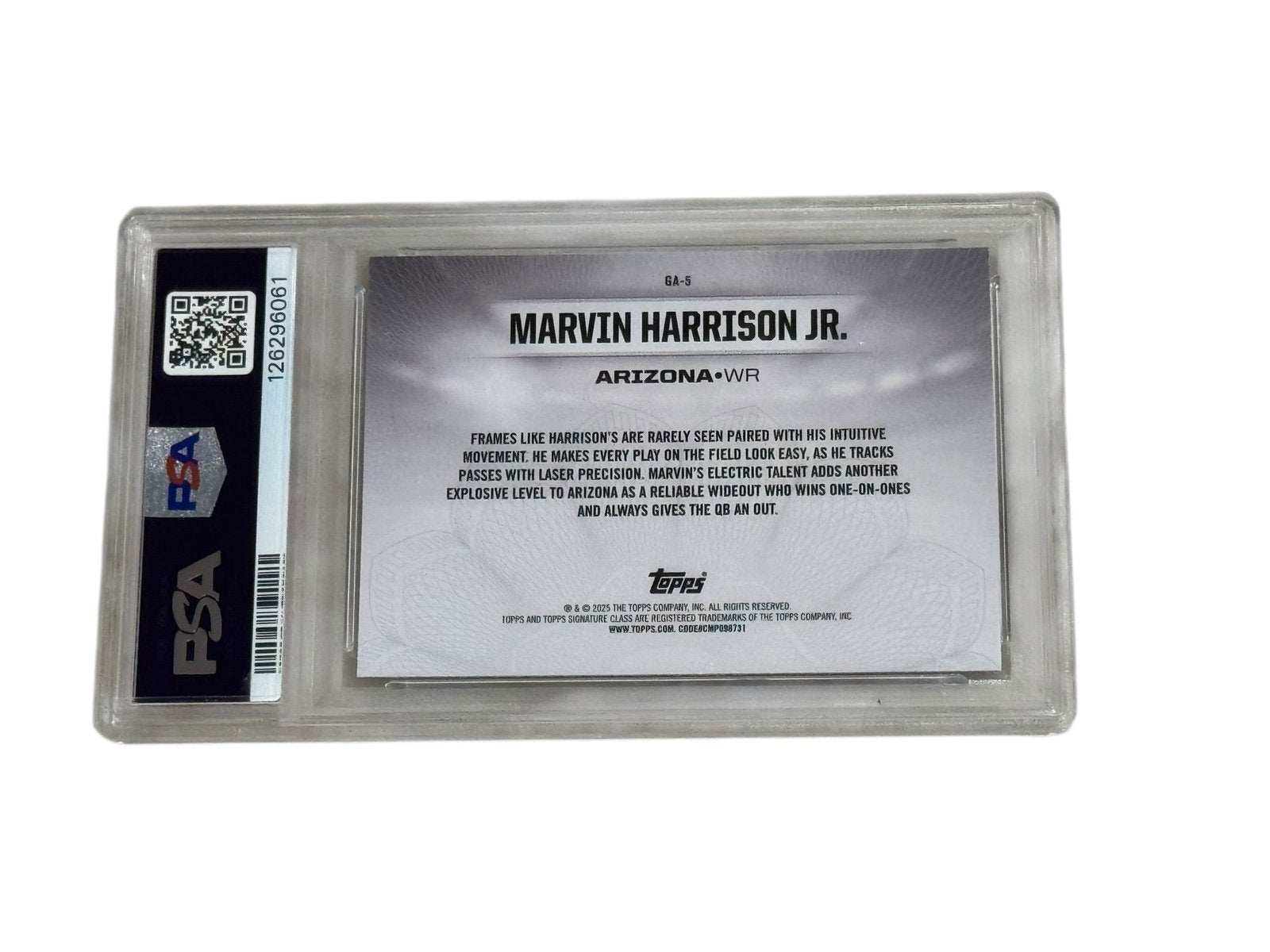 Marvin Harrison Jr 2024 Topps Signature Class Gridiron Ambassadors Rookie card PSA 9 mint condition back view