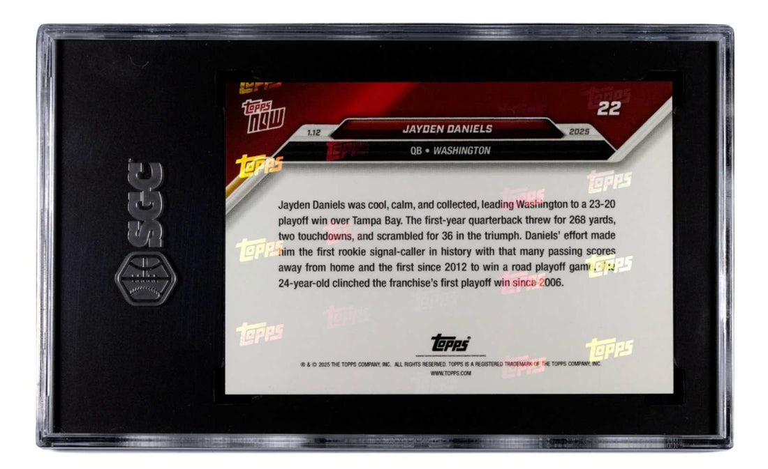 Jayden Daniels RC NFL Commanders 2025 Topps NOW Rookie Card graded SGC 9.5 in protective case