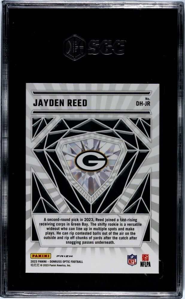 Jayden Reed RC 2023 Donruss Optic Diamond Hands Rookie Holo Packers football card graded SGC 10