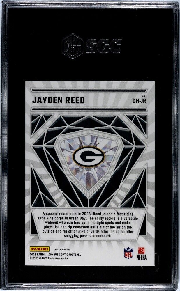 Jayden Reed RC 2023 Donruss Optic Diamond Hands Rookie Holo Packers football card SGC 10
