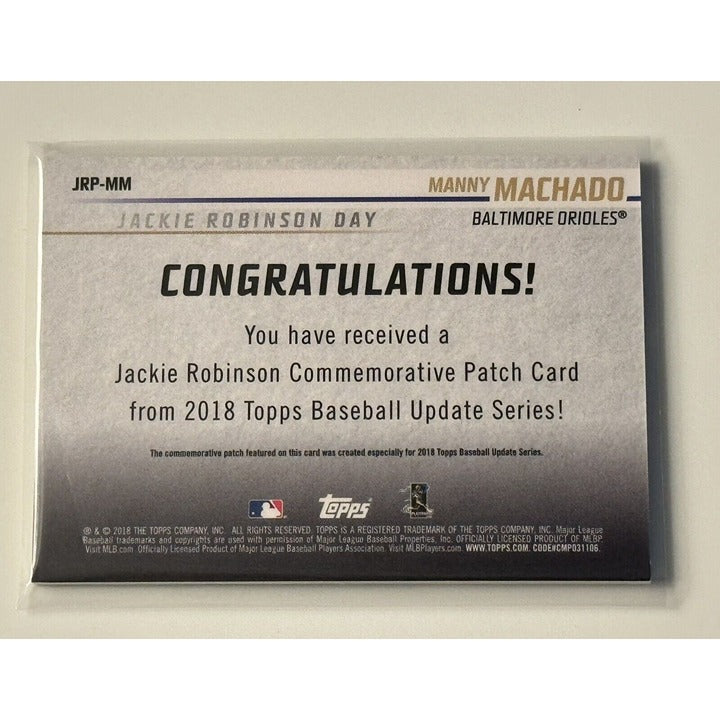 2018 Topps Update Series Manny Machado Jackie Robinson Commemorative Patch Card back view