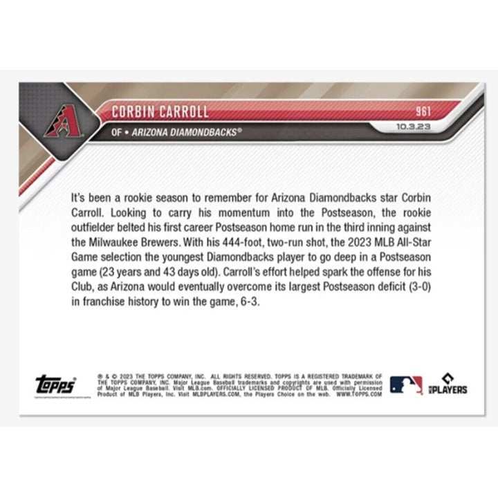 2023 Topps NOW Corbin Carroll RC Postseason HR baseball card Arizona Diamondbacks