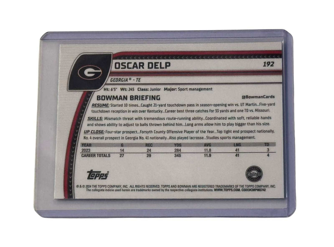 Oscar Delp 2024 Bowman U Chrome Georgia Bulldogs TE rookie football card in protective sleeve