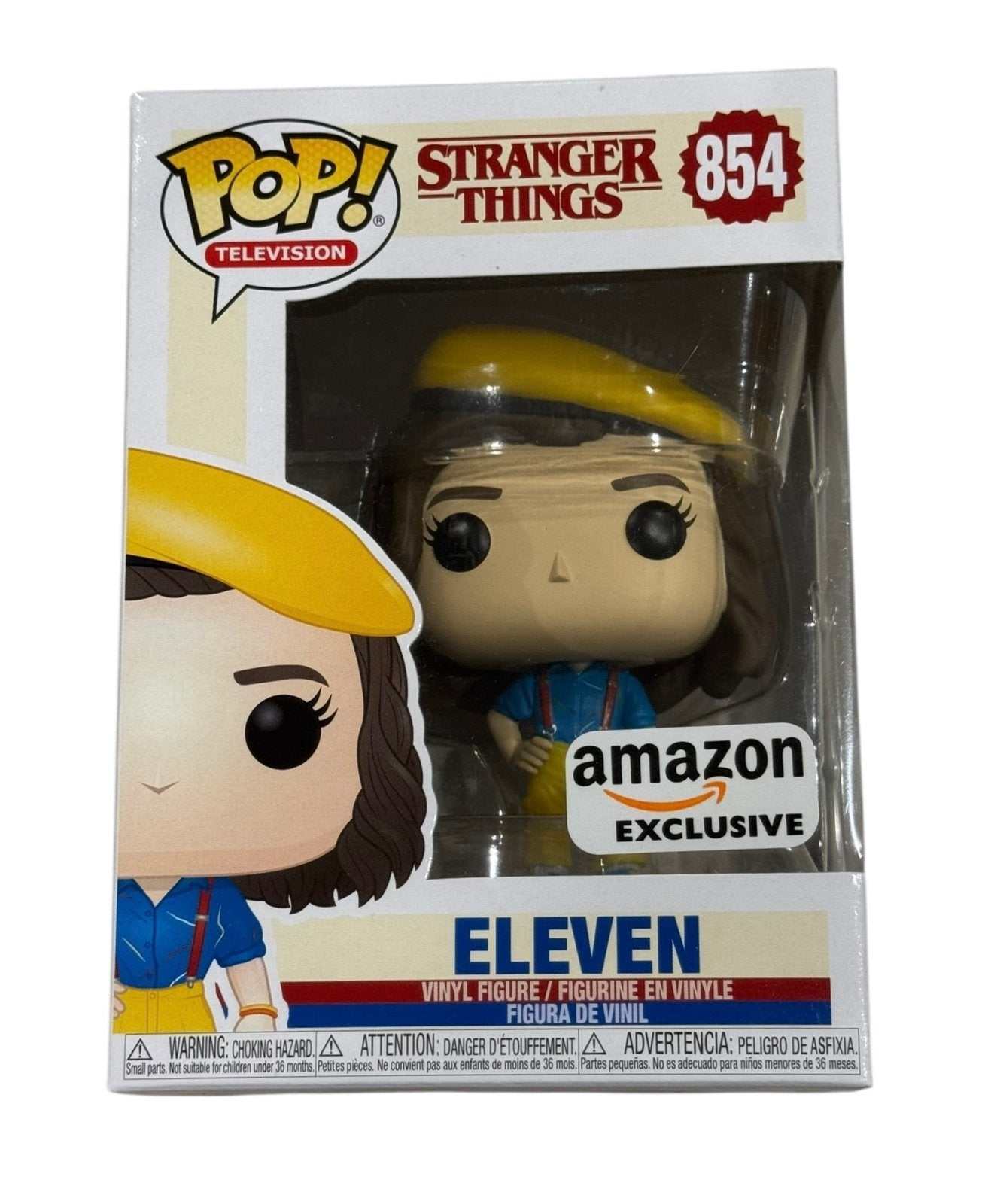Funko Pop Stranger Things Eleven #854 Amazon Exclusive vinyl figure in blue outfit with yellow hat in sealed box