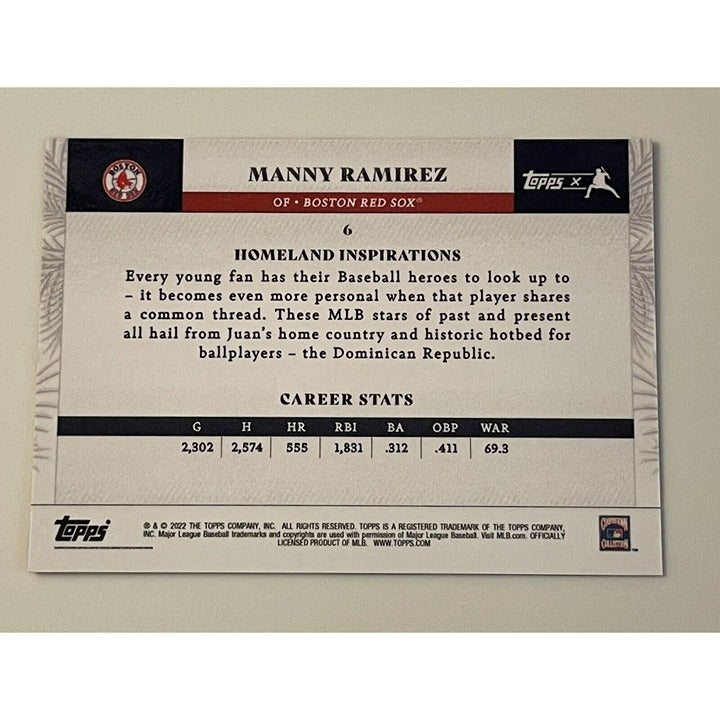 Manny Ramirez Topps X Juan Soto Curated MLB card Boston Red Sox career stats back