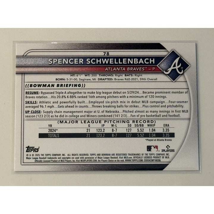 2025 Bowman Spencer Schwellenbach Rookie MLB Atlanta Braves Baseball Card #78 Near Mint