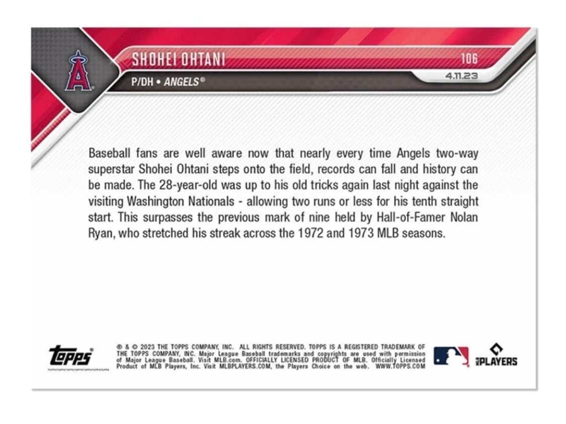 Shohei Ohtani 2023 MLB Topps Now baseball card Angels streak record limited edition