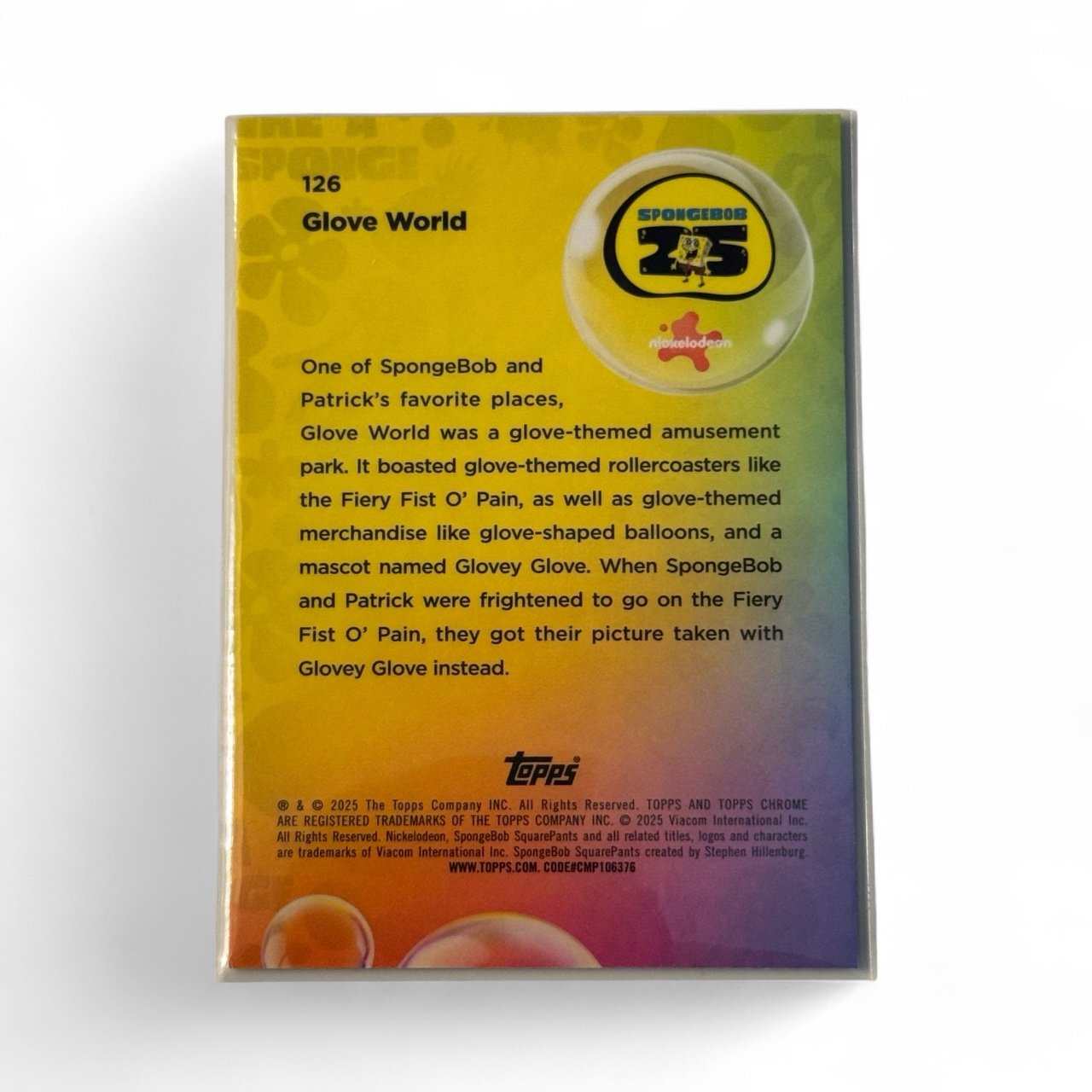 2024 Topps Chrome SpongeBob SquarePants Glove World Scene trade card back with description and logo