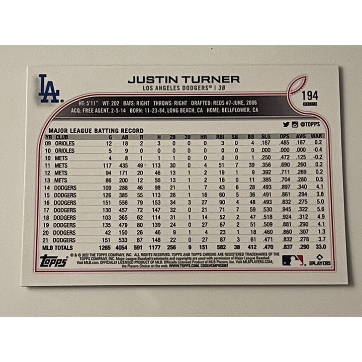 Justin Turner 2022 Topps Chrome Silver Hyper Refractor Parallel baseball card Dodgers back view