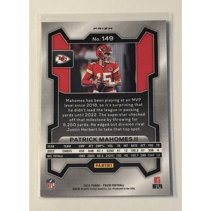 2023 Panini Silver Prizm Refractor football card #149 featuring Patrick Mahomes II in Kansas City Chiefs uniform