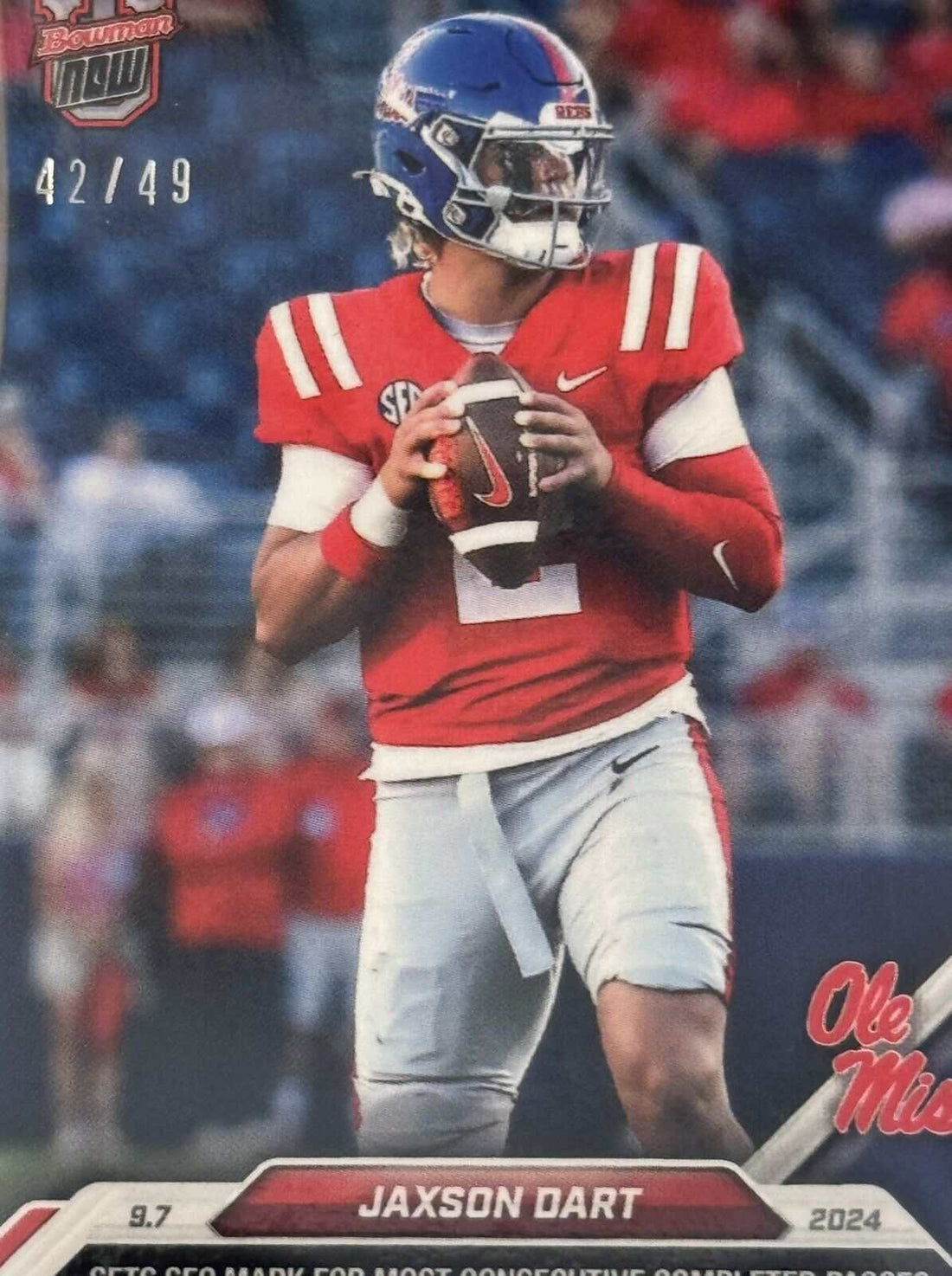 Limited edition 42/49 Jaxson Dart RC 2024 Bowman U Now Ole Miss rookie football card