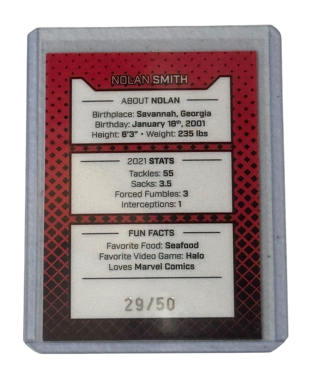 29/50 Nolan Smith RC Auto football card with player stats and fun facts