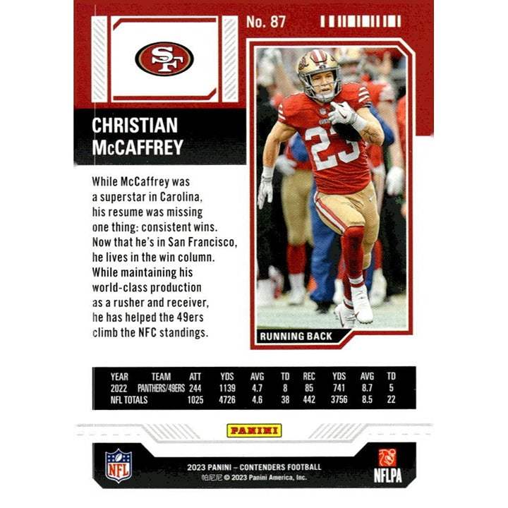 2023 Panini Contenders Christian McCaffrey San Francisco 49ers Game Ticket Red NFL trading card number 87